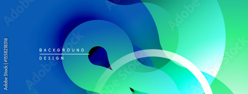 Abstract fluid shapes blend blues, greens. Modern design features overlapping layers, smooth gradients, subtle white lines. Dynamic composition.