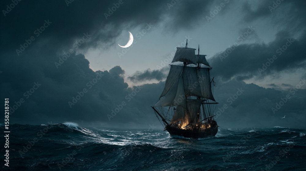 Obraz premium Ancient sailing ship sailing on the sea under the moon at night