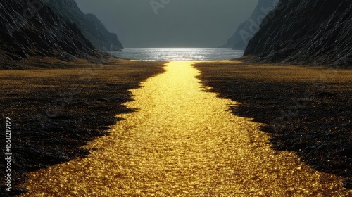 Bullion trading through portfolio and trend forecast concept. Golden river flows through mountains, creating a stunning view.