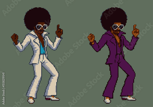 Pixel art disco man with afro and sunglasses, striking a dance pose in white and purple suits.