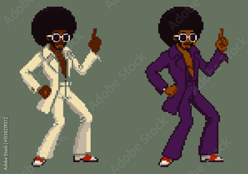 Pixel art disco man with afro and sunglasses, striking a dance pose in white and purple suits.