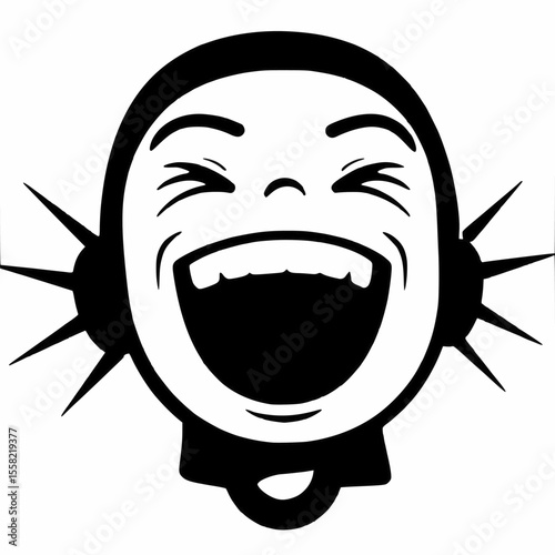 Black and white illustration of a person laughing hysterically, with spiky extensions from the sides of their head.