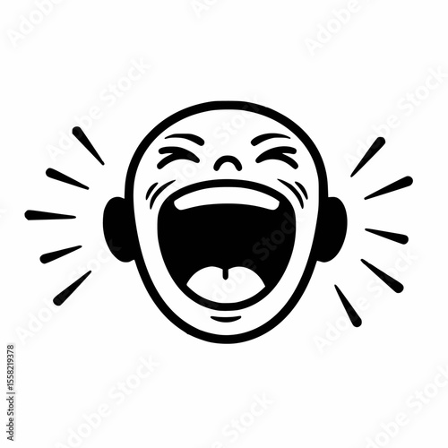 Black and white illustration of a person screaming or laughing loudly with wide-open mouth and sound lines.