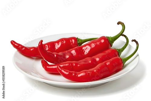 Glossy Red Chili Peppers Arranged on Red Ceramic Plate Against Minimalist White Background