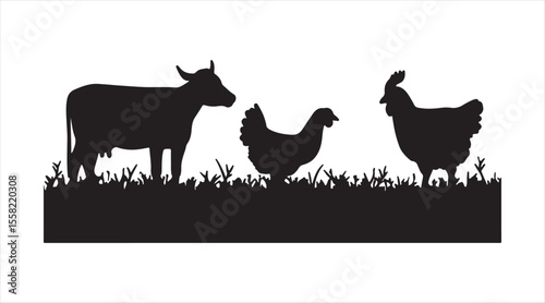 Cows, goats, and chickens. Shadows of livestock. A set of vector illustrations.
