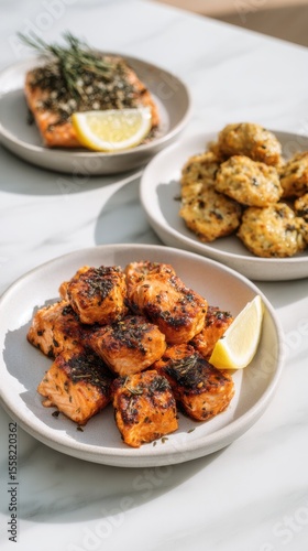Assorted grilled salmon bites and herb crusted patties served on ceramic plates in bright sunlight perfect for food delivery visuals, modern healthy eating and culinary content