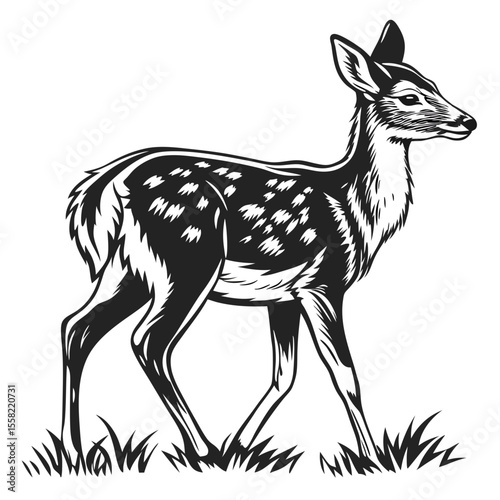 White back ground a black and white illustration of a deer.