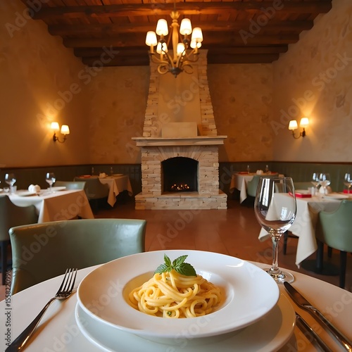 Warm restaurant interior with plate of gourmet spaghetti, fork and knife on the table, fireplace ambience, soft Lighting