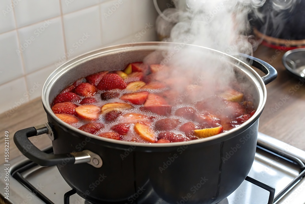 Pot of fruit is boiling on a stove Pot of fruit is boiling on a stove