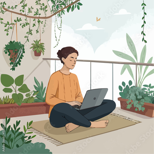 Remote Worker Practicing Mindfulness Beside Laptop on Green Balcony