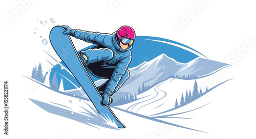 Snowboarding Downhill – Dynamic Winter Sport Scene with Pink Helmet and Blue Outfit Vector