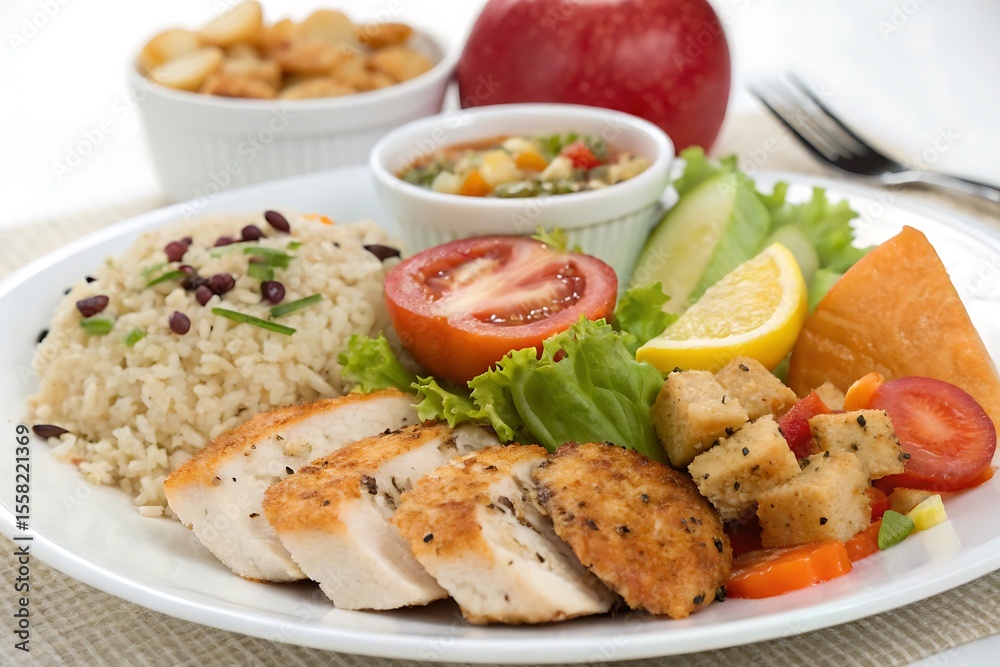 Plate of food with a chicken, rice, and vegetables Plate of food with a chicken, rice, and vegetables