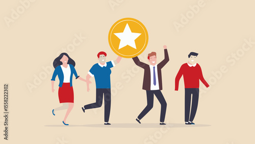 Diverse group of people celebrating success holding a large golden star award