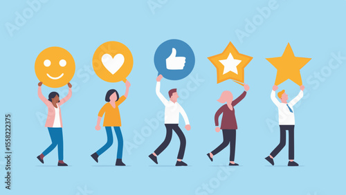 Diverse group of people holding positive feedback symbols and stars