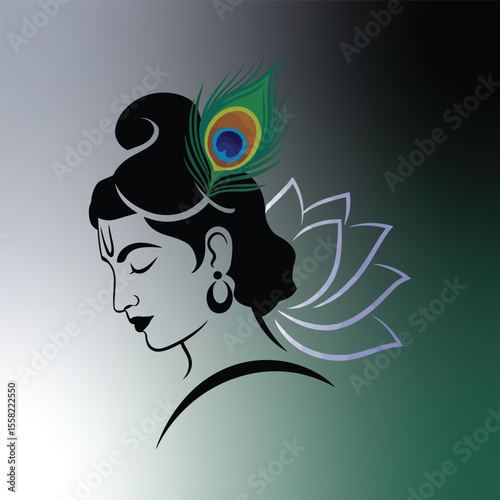 Lord Krishna Profile with Peacock Feather and Lotus Flower Illustration
