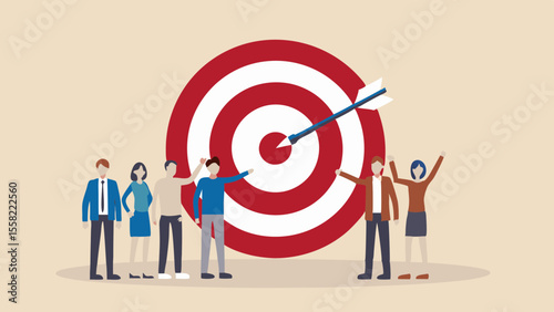 Diverse team celebrates successful achievement of business goals with arrow hitting bullseye