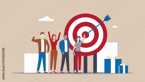 Diverse team celebrates achieving a bullseye target with gifts and success