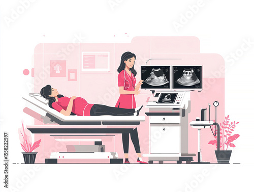 Pregnant woman on examination table, ultrasound exam in medical clinic with equipment, flat style, white background, soft pastel color palette, calm atmosphere - AI-Generated