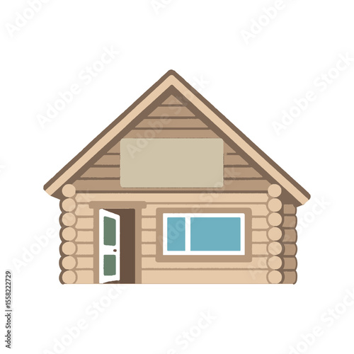 A cozy log cabin illustration with a steep gabled roof, open front door, and a blank signboard for custom text.