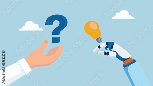 Robot offers a lightbulb idea to a human hand next to a question mark