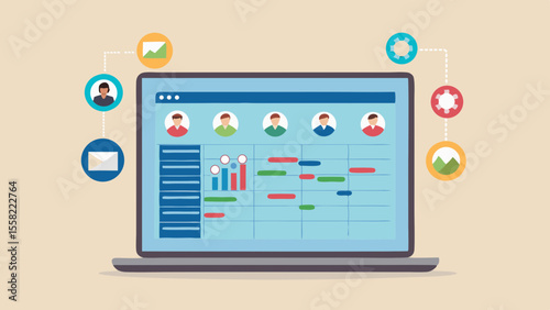 Digital project management timeline on laptop screen with team collaboration icons