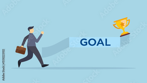 Businessman running towards a trophy on a path labeled goal