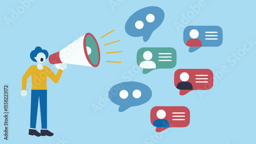 Person with megaphone broadcasting messages to multiple chat bubbles with user icons