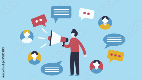 Person with megaphone communicating with diverse people through speech bubbles