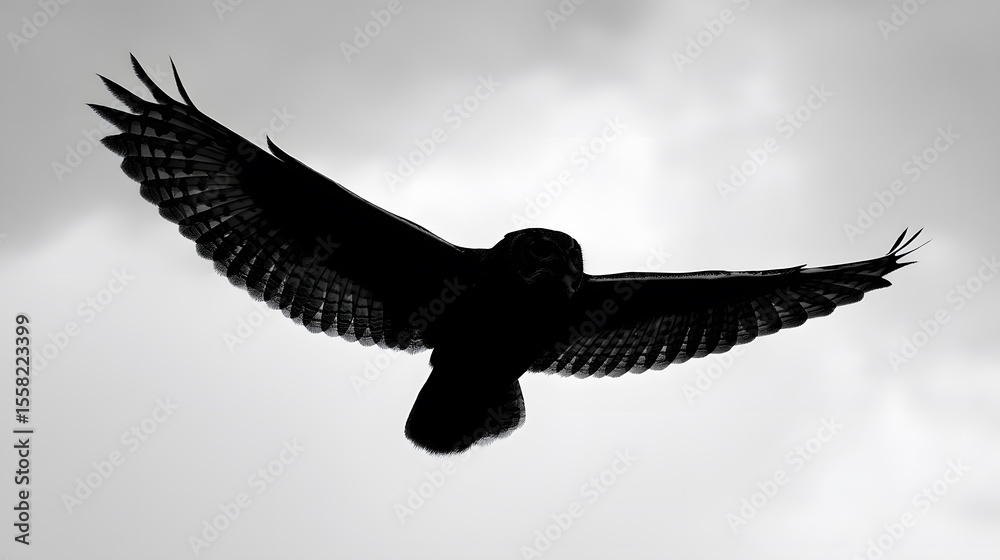 Obraz premium Soaring Silhouette: An owl soars majestically through the sky, its silhouette a striking contrast against the clouds. Capturing the freedom, grace and a moment of silent flight.