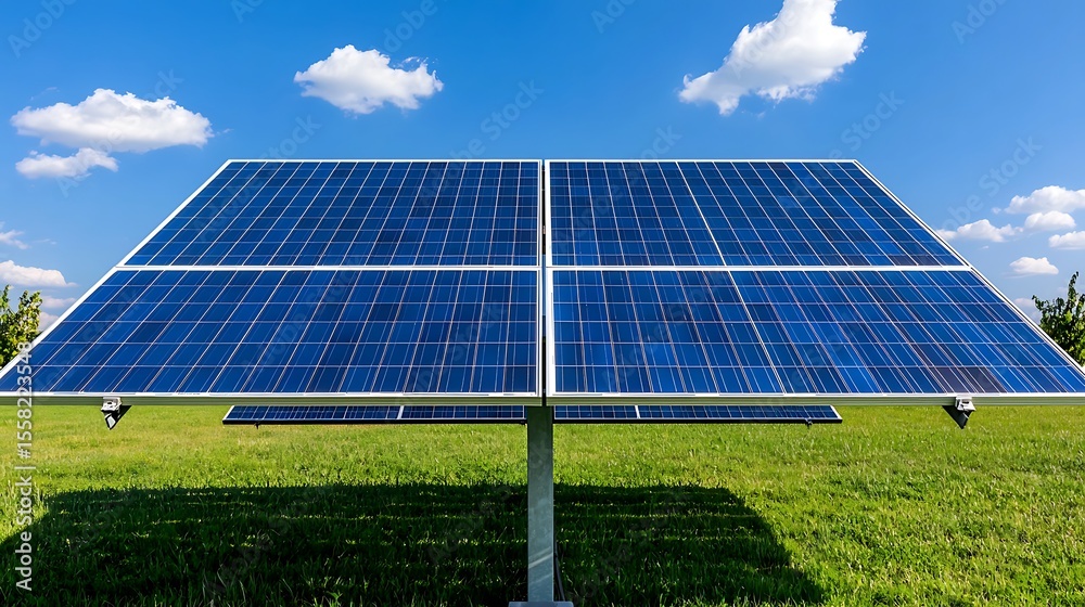 Solar Panel Installation on Green Field Under Clear Blue Sky with White Clouds Solar Panel Installation on Green Field Under Clear Blue Sky with White Clouds