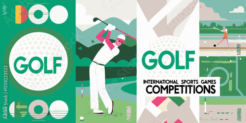 Golf international sports games competitions with golfer swinging and golf balls