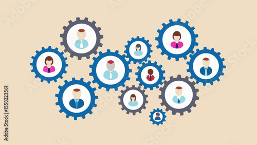 Diverse team of people represented as interconnected gears working together