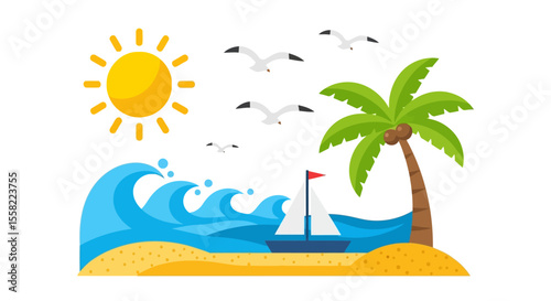 Cartoon illustration of a sunny beach scene featuring waves, sailboat, and palm tree.