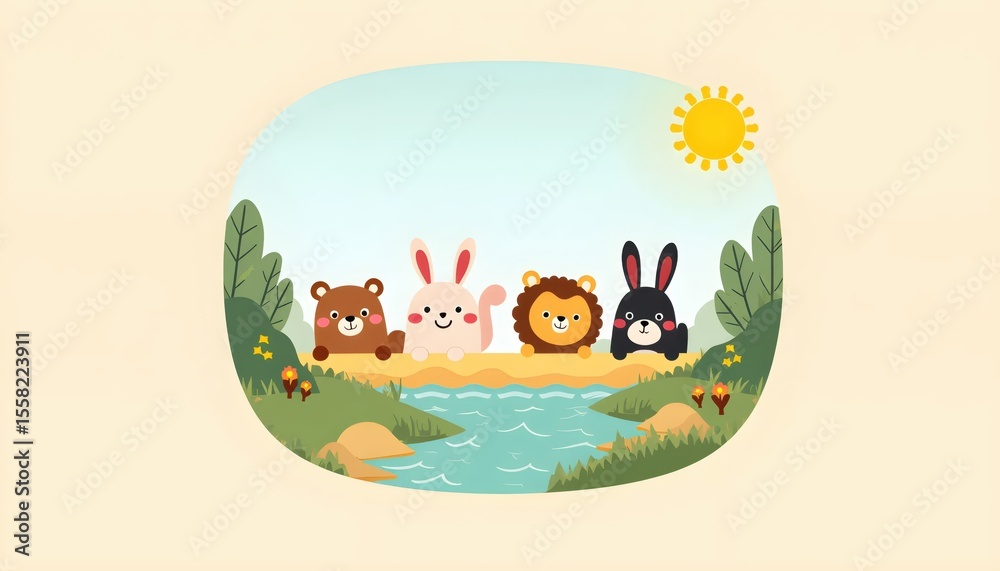 Obraz premium Cartoon jungle animals surround pastel background square frame