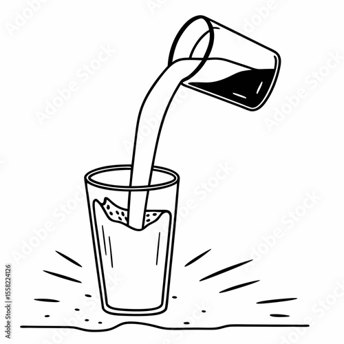Liquid pouring into glass in black and white sketch