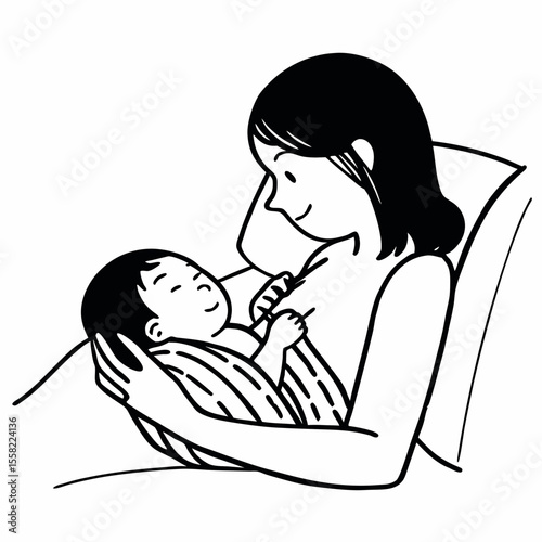  Smiling mother breastfeeding baby in chair sketch