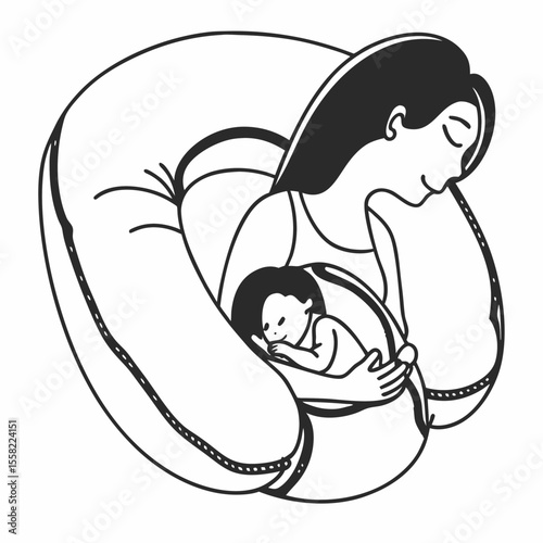 Mother breastfeeding infant on soft pillow drawing