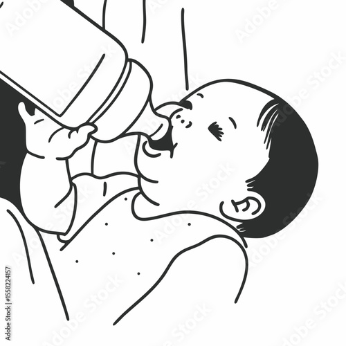 Baby drinking milk from bottle illustration close-up