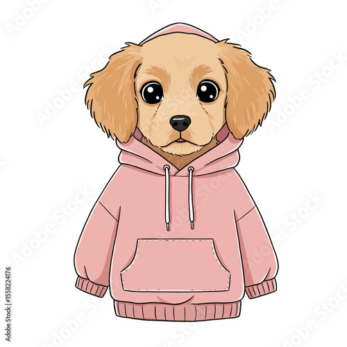 Cute cartoon dog wearing a pink hoodie, front view.