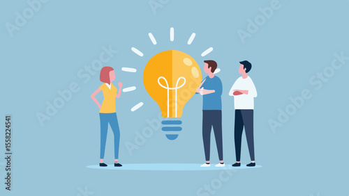 Diverse team of three people collaborating around a glowing lightbulb representing innovation
