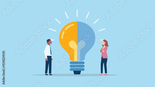 Two people stand on opposite sides of a giant split colored light bulb representing ideas