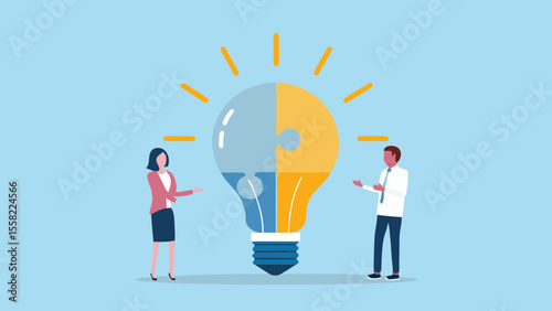 Two people collaborate on a large puzzle lightbulb representing shared ideas and innovation