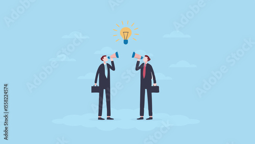 Two businessmen with megaphones looking at a bright light bulb symbolizing a new idea