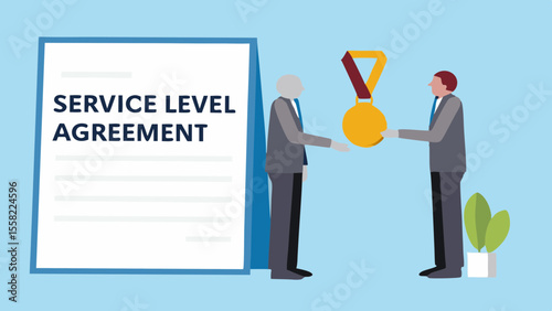 Businessmen exchange a gold medal next to a service level agreement document