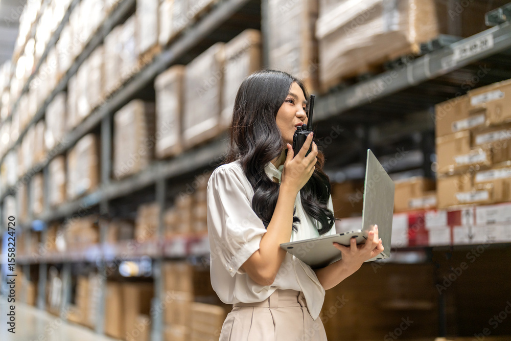 Fototapeta premium Female engineer is handling shipping and checking stock inventory in the warehouse with a laptop, industry, import-export, inventory management, logistics, global transportation at warehouse, business