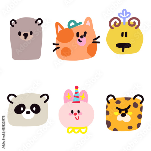set of whimsical animals. Cute Animals icon set in color pastel tones