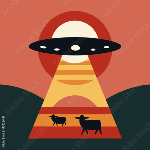 UFO Beaming Cows with Retro Sunset Sky