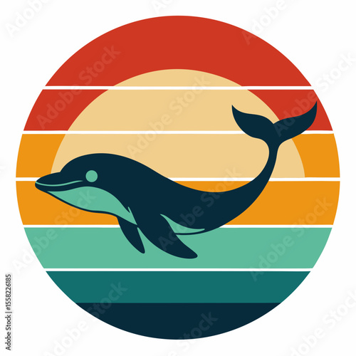 Whale Swimming in Vintage Sunset Circle