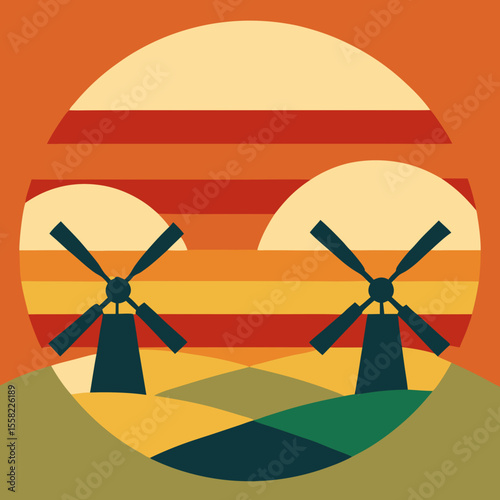 Windmill Farm Against Retro Sunrise