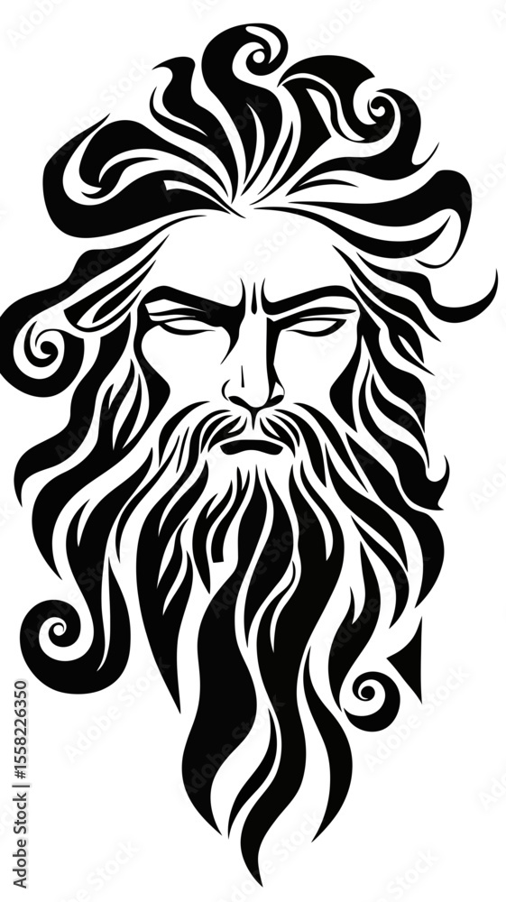 Fototapeta premium Abstract tribal tattoo style portrait of bearded mythological god with flowing hair and intense gaze in black minimalist line art vector design